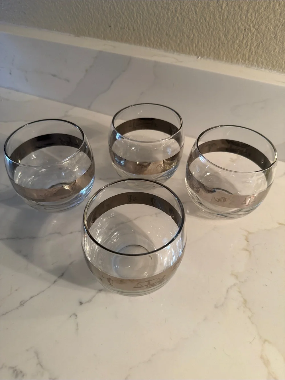 Mid Century Modern Roly Poly Glasses Silver Band with Apothecary Design Set of 4